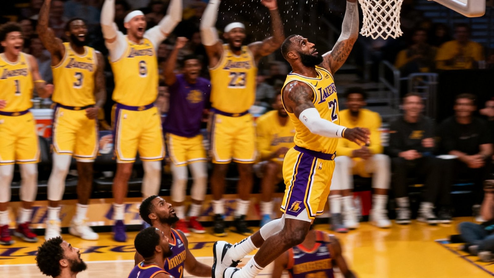 NBA湖人队勒布朗詹姆斯在第三节快攻中飞跃三名防守球员完成单手暴扣，篮筐剧烈晃动，替补席球员全部起立欢呼